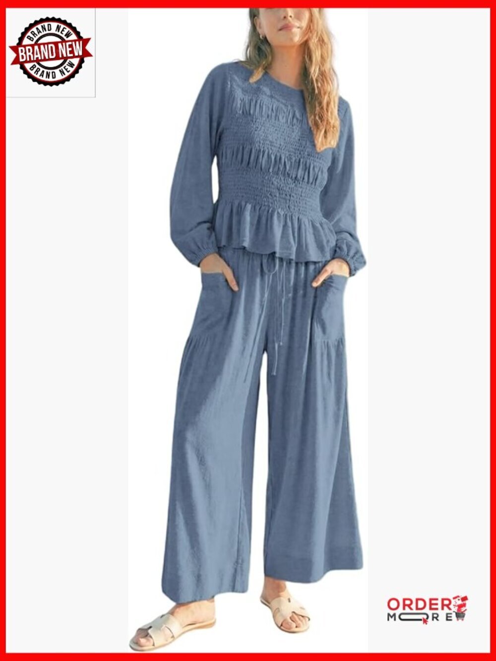 Boho 2-Piece Smocked Top & Wide Leg Pants Set Lounge Outfit with Pockets